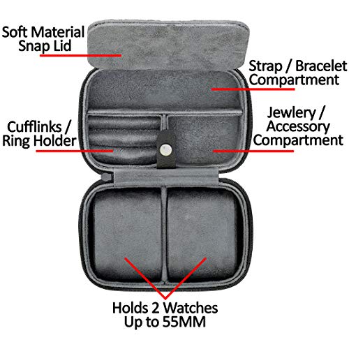 ROTHWELL 2 Watch Travel Case Storage Organizer for 2 Watches | Tough Portable Protection w/Zipper Fits All Wristwatches & Smart Watches Up to 50mm (Black/Grey) - Image 2