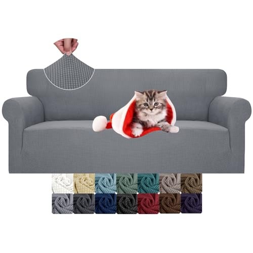 JIVINER High Stretch Couch Covers for 3 Cushion Couch 1-Piece Jacquard Sofa Slipcovers Fitted Washable Sofa Covers with Elastic Bottom Furniture Protector for Kids Pets (Sofa, Light Gray) - Image 1