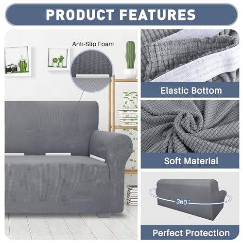 JIVINER High Stretch Couch Covers for 3 Cushion Couch 1-Piece Jacquard Sofa Slipcovers Fitted Washable Sofa Covers with Elastic Bottom Furniture Protector for Kids Pets (Sofa, Light Gray) - Image 3