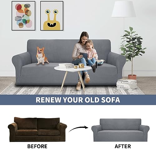 JIVINER High Stretch Couch Covers for 3 Cushion Couch 1-Piece Jacquard Sofa Slipcovers Fitted Washable Sofa Covers with Elastic Bottom Furniture Protector for Kids Pets (Sofa, Light Gray) - Image 4