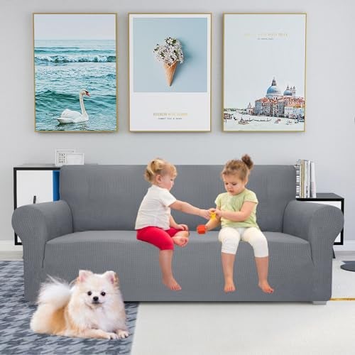 JIVINER High Stretch Couch Covers for 3 Cushion Couch 1-Piece Jacquard Sofa Slipcovers Fitted Washable Sofa Covers with Elastic Bottom Furniture Protector for Kids Pets (Sofa, Light Gray) - Image 2