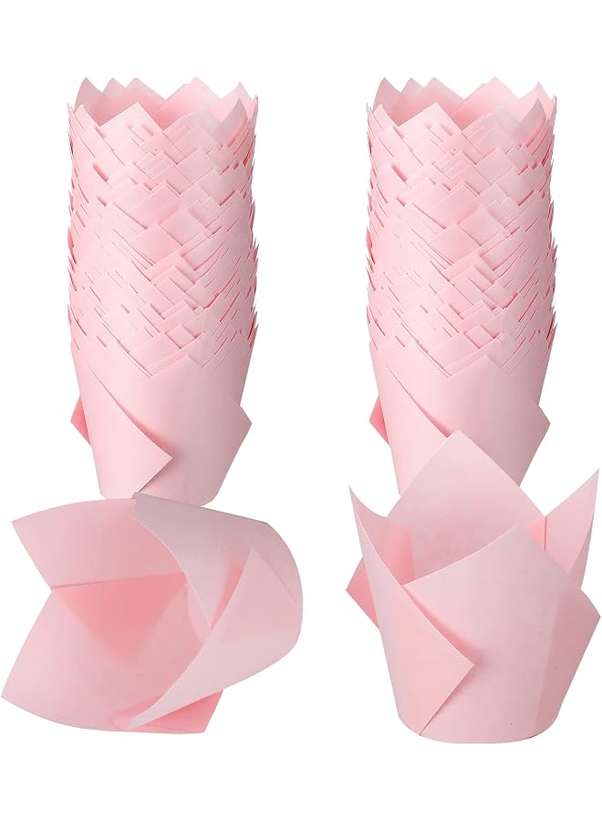 S-TOP 200 Pack Tulip Cupcake Liners Paper Baking Cups Greaseproof Muffin Liners Grease Resistant Cupcake Wrappers for Weddings Birthday Cake Balls Muffins Candy Jelly Party(Pink) - Image 1