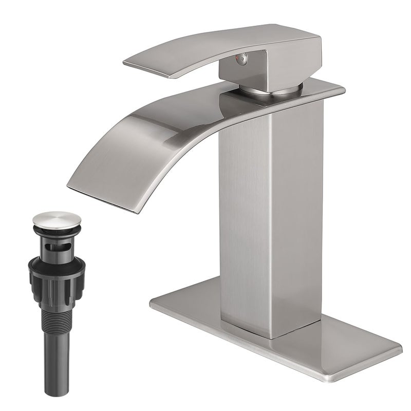 VOTON Waterfall Bathroom Faucets Brushed Nickel Modern Single Handle Sink Faucet for 1 or 3 Holes with Deck Plate and Pop-Up Drain, Rv Sink Camper Farmhouse Faucet - Image 1
