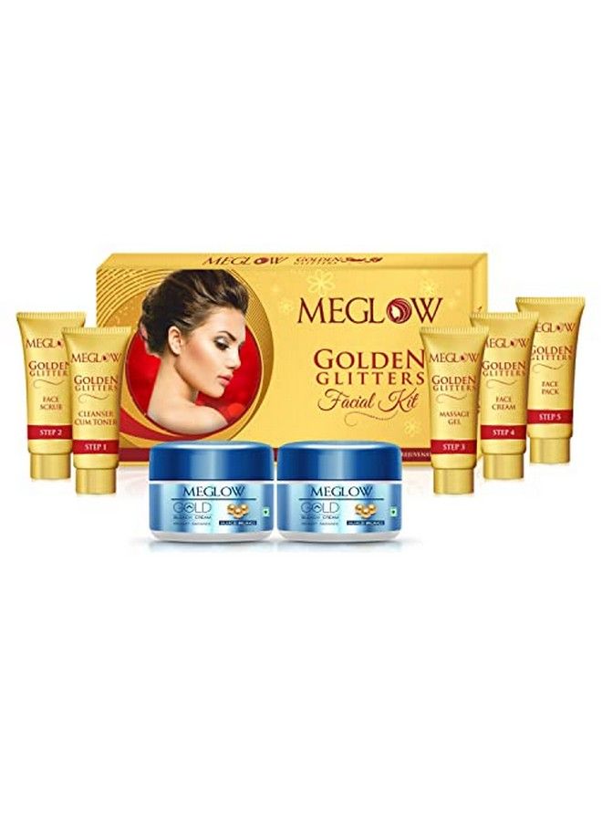 MEGLOW Beauty Combo Pack Of 3 Golden Glitters Facial Kit (105G) With 5 Easy Steps For Golden Glow ;; Gold Bleach ((2)50G) With Prompt Radiance ;; Deeply Cleanses Skin ;; Nourish Hydrate And Soothes The Skin - Image 1