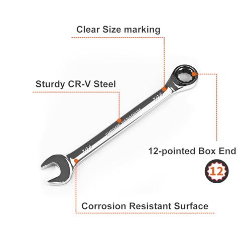 Egofine 7/16 inch Ratcheting Combination Wrench SAE, Industrial Grade Gear Spanner with 12-Point Design, 72-Tooth Ratchet, Chrome Vanadium Steel - Image 2