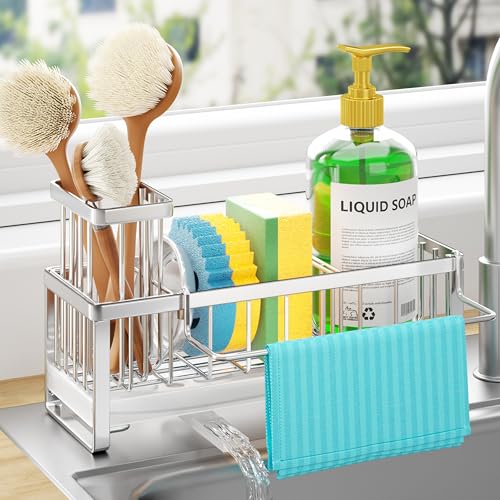 HapiRm Sponge Holder for Kitchen Sink Selfdraining Sink Caddy with Brush Holder and Dishcloth Holder Stainless Steel Kitchen Organizer Silver - Image 1