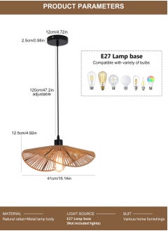 Ganeed Rattan Pendant Light Fixture Modern Hanging Light Bamboo Handwoven 1-Light Hanging Lamp for Farmhouse Bedroom Living Room Dining Room 41cm  - Image 4