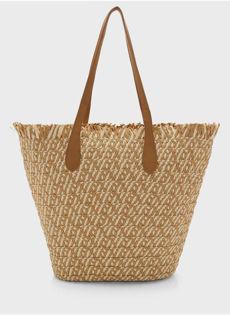 ELLA Woven Frayed Edge Raffia Tote Bag