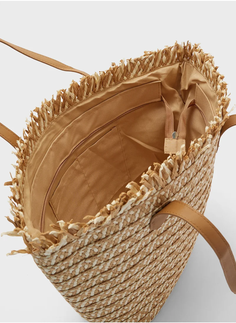 ELLA Woven Frayed Edge Raffia Tote Bag