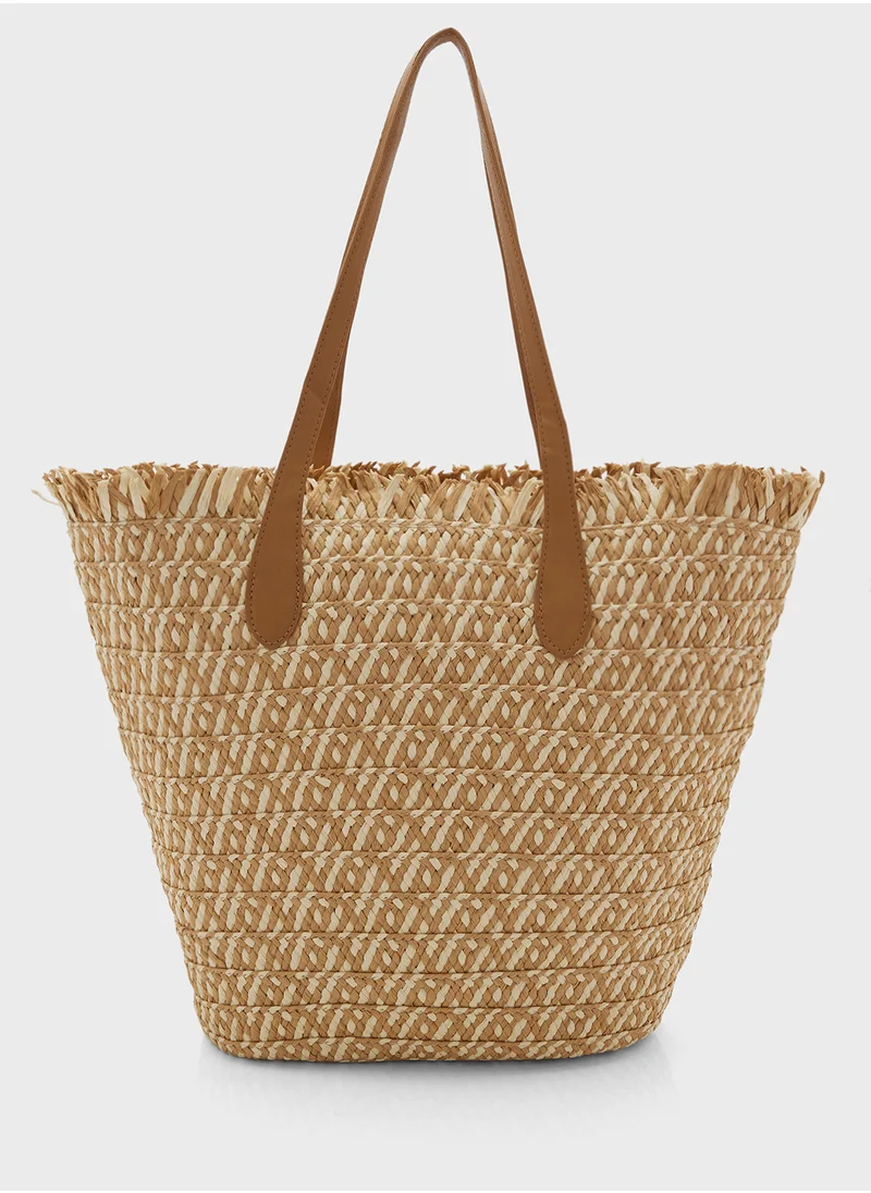 ايلا Woven Frayed Edge Raffia Tote Bag