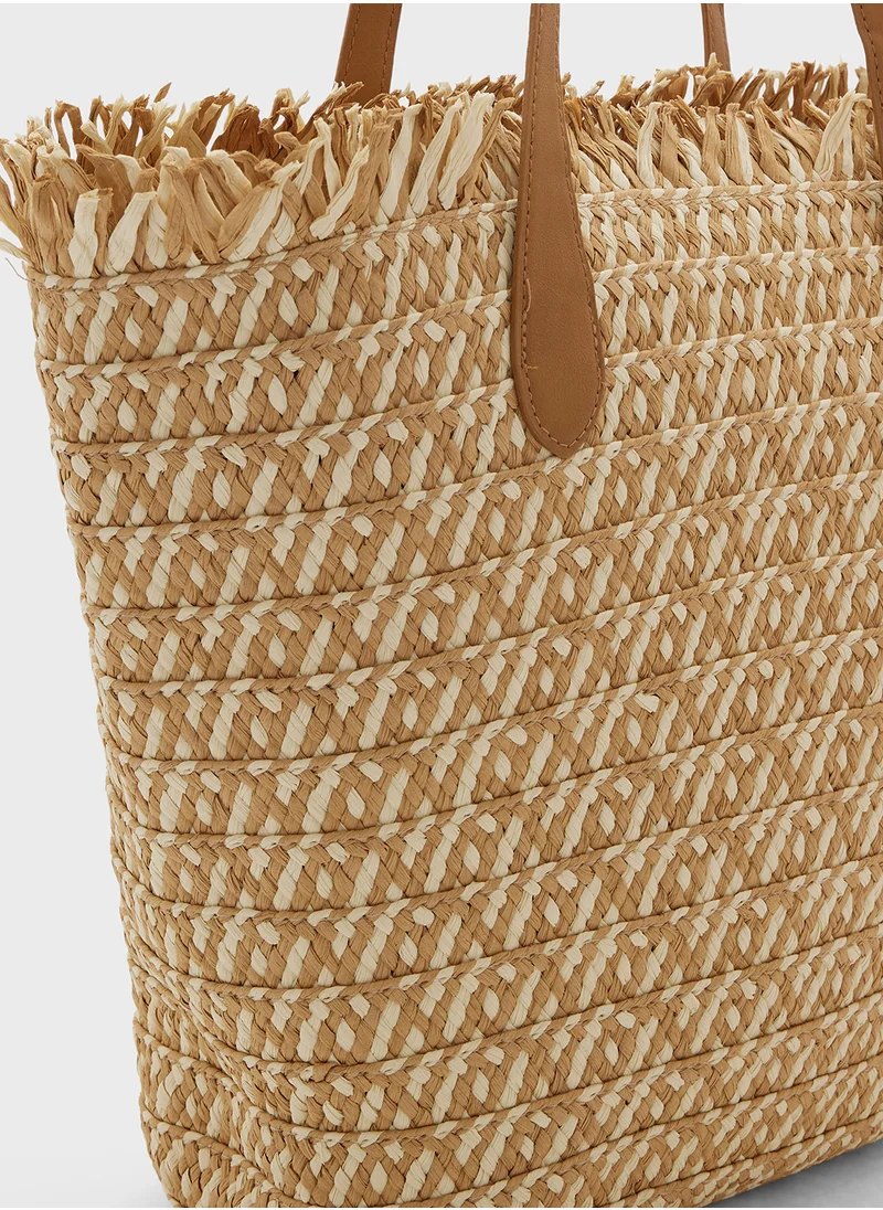 ELLA Woven Frayed Edge Raffia Tote Bag