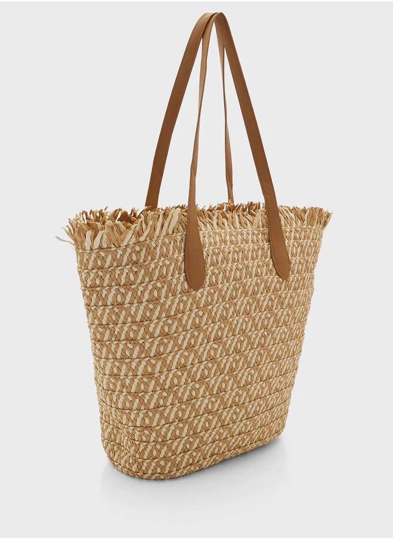 ELLA Woven Frayed Edge Raffia Tote Bag