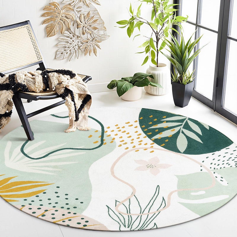 Lahome Green Washable Round Rug 6Ft Round Area Rug for Living Room Throw Soft Boho Round Rug Large NonSlip Round Dining Room Rug Botanical Print Round Carpet for Bedroom Entryway Classroom Dorm