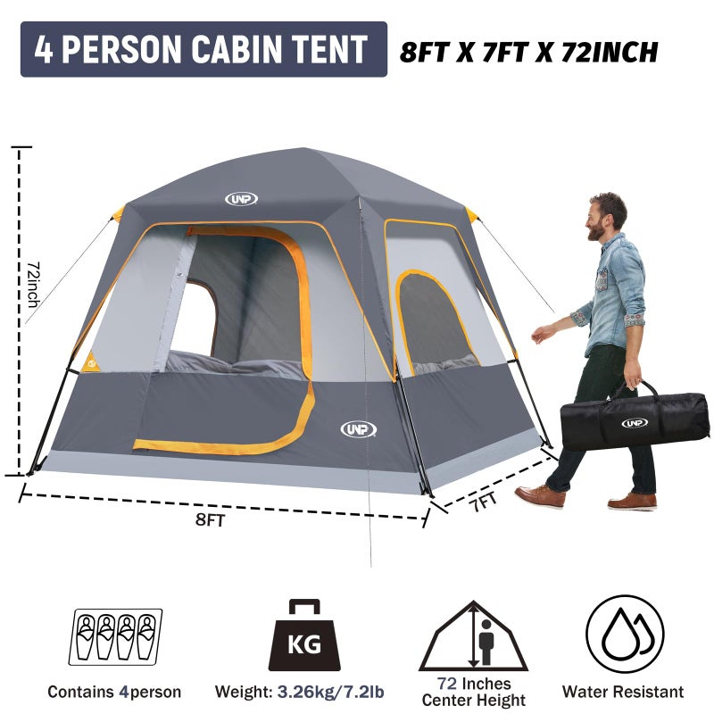 UNP 4-Person Tent, Portable Cabin Tent, Camping Tent 4-Person Easy Set Up, Waterproof with Top Rainfly for Outdoor Camping/Hiking (Gray) - Image 2