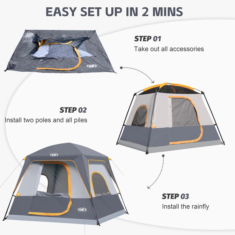 UNP 4-Person Tent, Portable Cabin Tent, Camping Tent 4-Person Easy Set Up, Waterproof with Top Rainfly for Outdoor Camping/Hiking (Gray) - Image 4