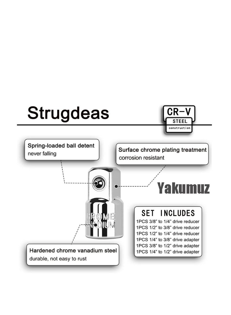 Yakumuz 6 Piece Socket Adapter and Reducer Set, Yakumuz 1/4", 3/8", 1/2" Chrome Vanadium Steel Ratchet/Socket Extension/Conversion Kit for Automotive Maintenance - Image 3