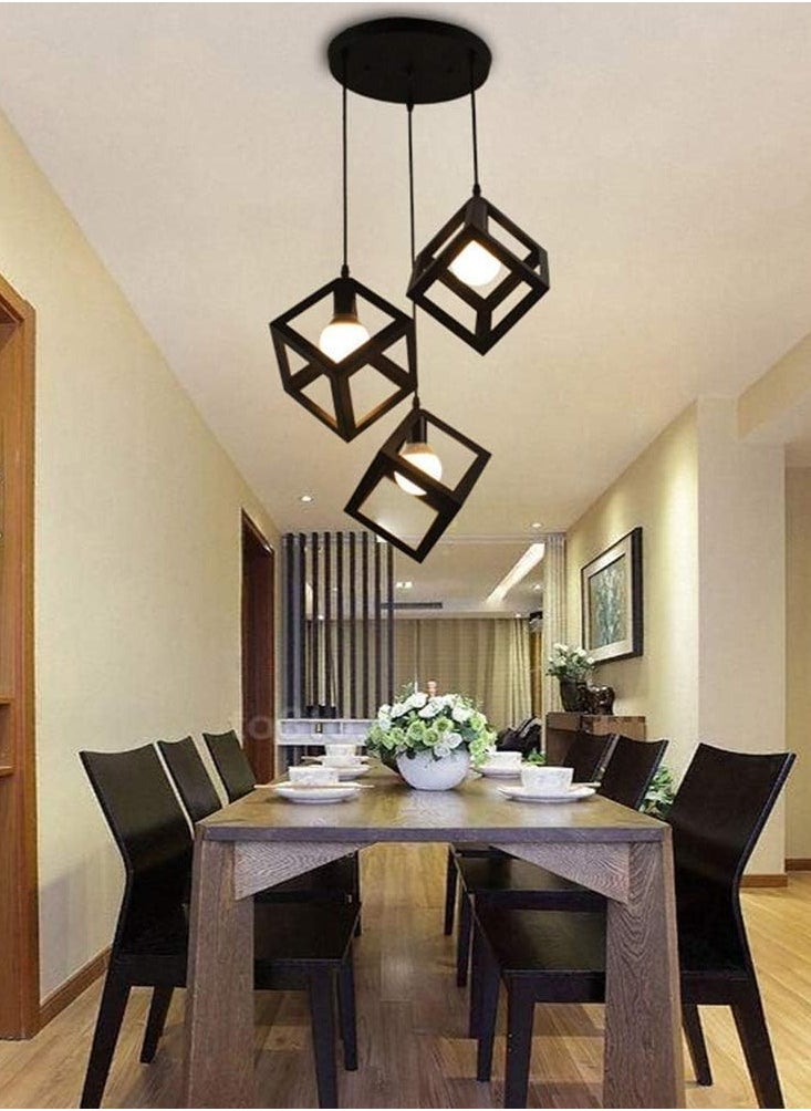 JOGAMS Pendant Light Black Ceiling Light 3 Lamp Industrial Rustic Vintage Wrought Iron Geometric Modern Square Ceiling Hanging Lighting Fixture Kitchen Island Dining Room Living Room Hallway  - Image 3