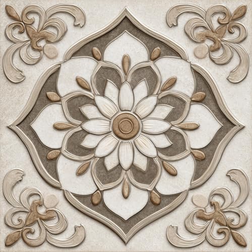 IOHEFY 10pcs Peel and Stick Floor Tiles 12x12 Inch Beige Brown Vintage Embossed Floral Pattern Self Adhesive Vinyl Flooring Square Planks for Kitchen Bathroom Bedroom Home DIY Decor - Image 1