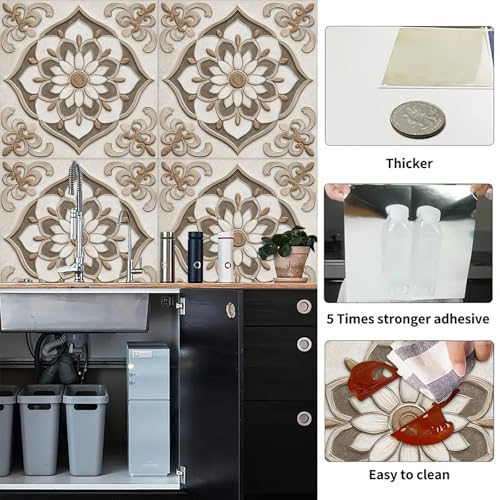 IOHEFY 10pcs Peel and Stick Floor Tiles 12x12 Inch Beige Brown Vintage Embossed Floral Pattern Self Adhesive Vinyl Flooring Square Planks for Kitchen Bathroom Bedroom Home DIY Decor - Image 2