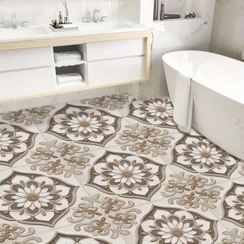 IOHEFY 10pcs Peel and Stick Floor Tiles 12x12 Inch Beige Brown Vintage Embossed Floral Pattern Self Adhesive Vinyl Flooring Square Planks for Kitchen Bathroom Bedroom Home DIY Decor - Image 5