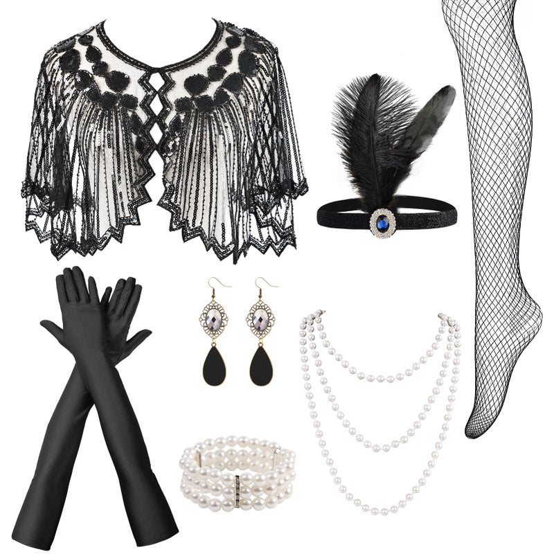 FeelfunFeather 1920s Flapper Accessories Set for Women,Roaring 20's Feather Headpiece Necklace Earrings Long Gloves Sequin Shawl(Black) - Image 1