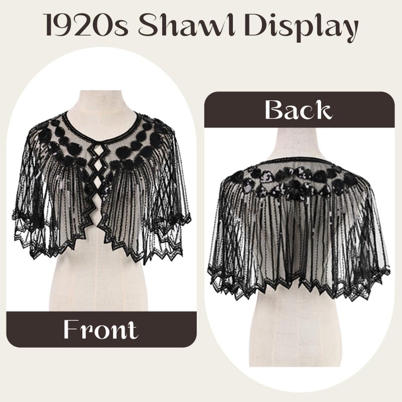 FeelfunFeather 1920s Flapper Accessories Set for Women,Roaring 20's Feather Headpiece Necklace Earrings Long Gloves Sequin Shawl(Black) - Image 4