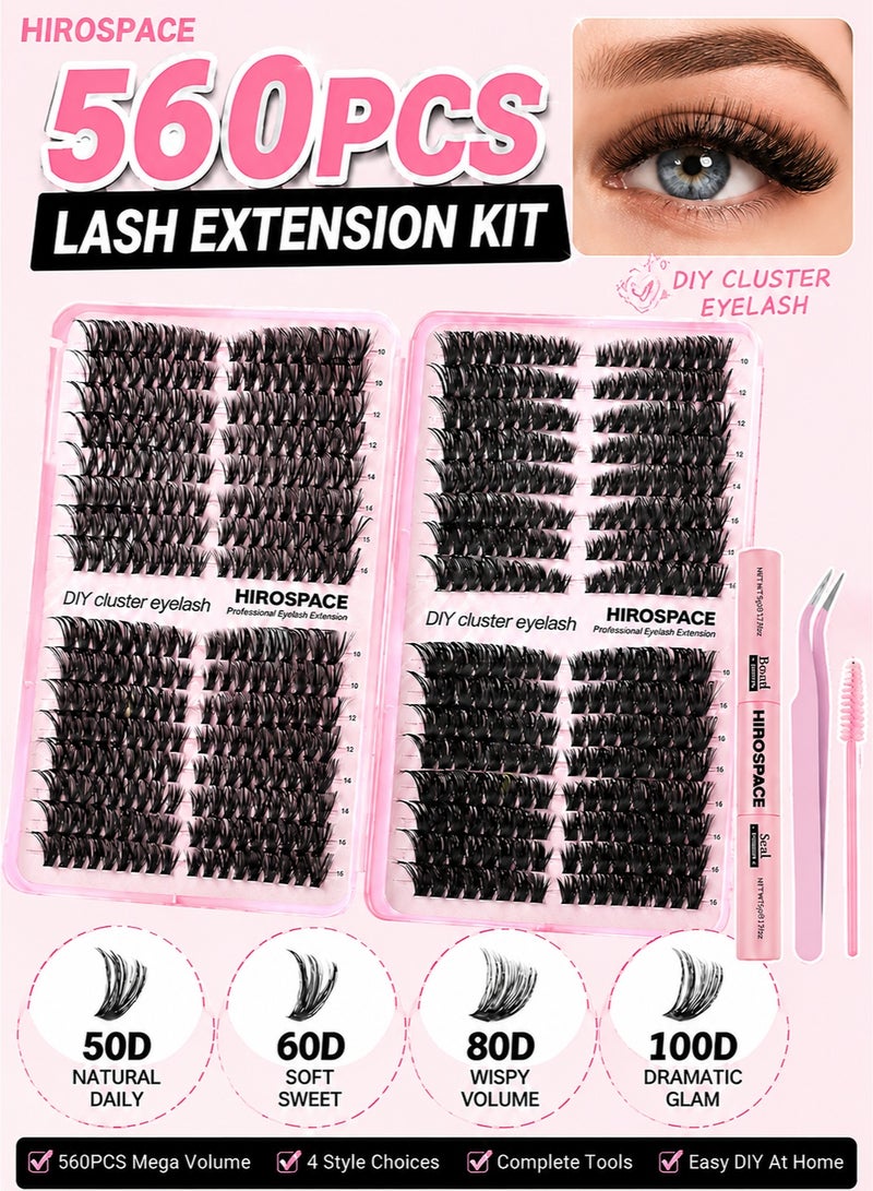 Hirospace 560 Pcs Lash Clusters, Lash Adhesive Glue & Lash Tweezer Set Eyelash Extensions Wispy False Eyelashes Lash Clusters DIY Eyelash Extensions Individual False Eyelashes for Women - Image 1
