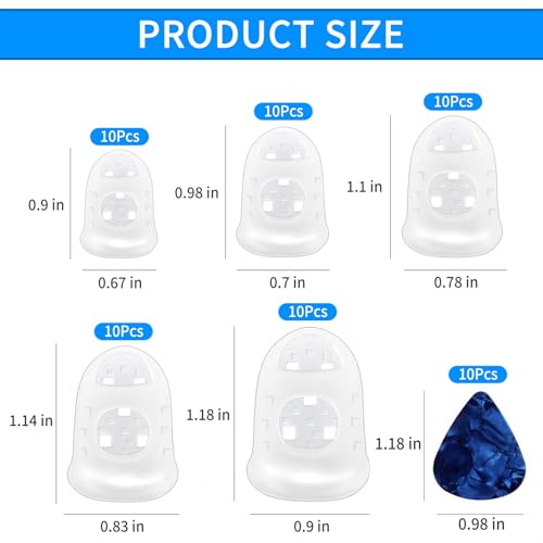 VBHHY 50pcs Guitar Silicone Finger Protector,Fingertip Protection Covers Caps in 5 Sizes for Beginner Playing Ukulele Electric Guitar and 10 Guitar Picks - Image 2