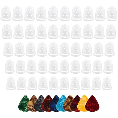 VBHHY 50pcs Guitar Silicone Finger Protector,Fingertip Protection Covers Caps in 5 Sizes for Beginner Playing Ukulele Electric Guitar and 10 Guitar Picks - Image 1