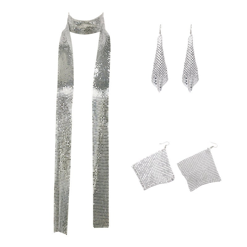 Geometric Sequin Mesh Earrings Fashion Womens Jewelry Silver two-piece set