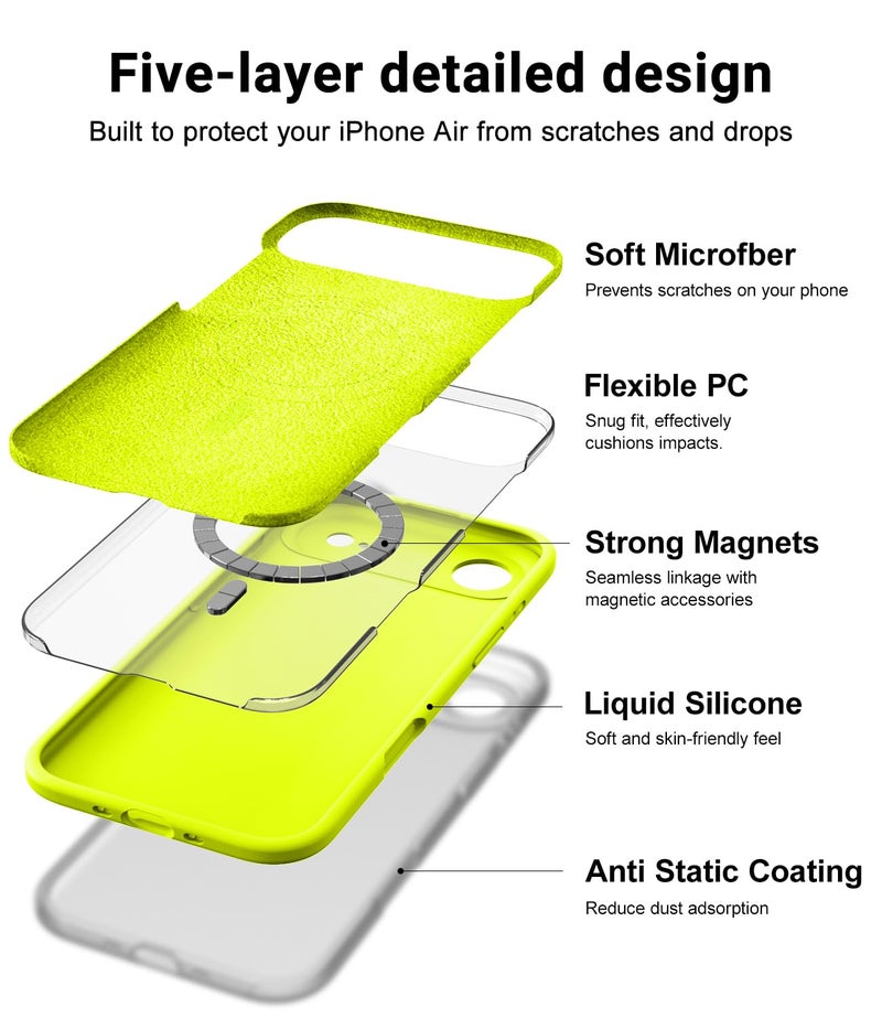 OTOFLY Magnetic for iPhone 17 Air Case,Compatible with Magsafe,Classic Liquid Silicone Mobile Phone Case,Integrated Camera Control Button,Anti-Scratch Microfiber Lining, Neon Yellow - Image 4