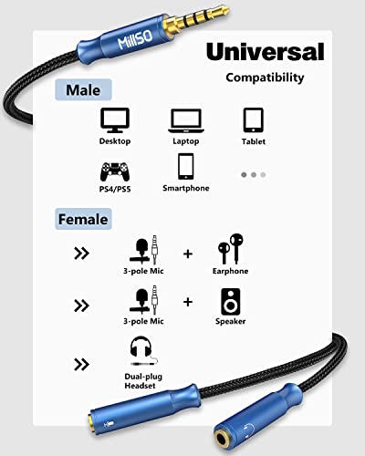 MillSO Headphone Mic Splitter 3.5mm Headset Adapter TRRS Male to 2 TRS Female [Nylon Braid & Young Series] Mic & Audio Y Splitter Cable for Gaming Headset to PC, Xbox, Laptop, PS4, PS5 - Image 4