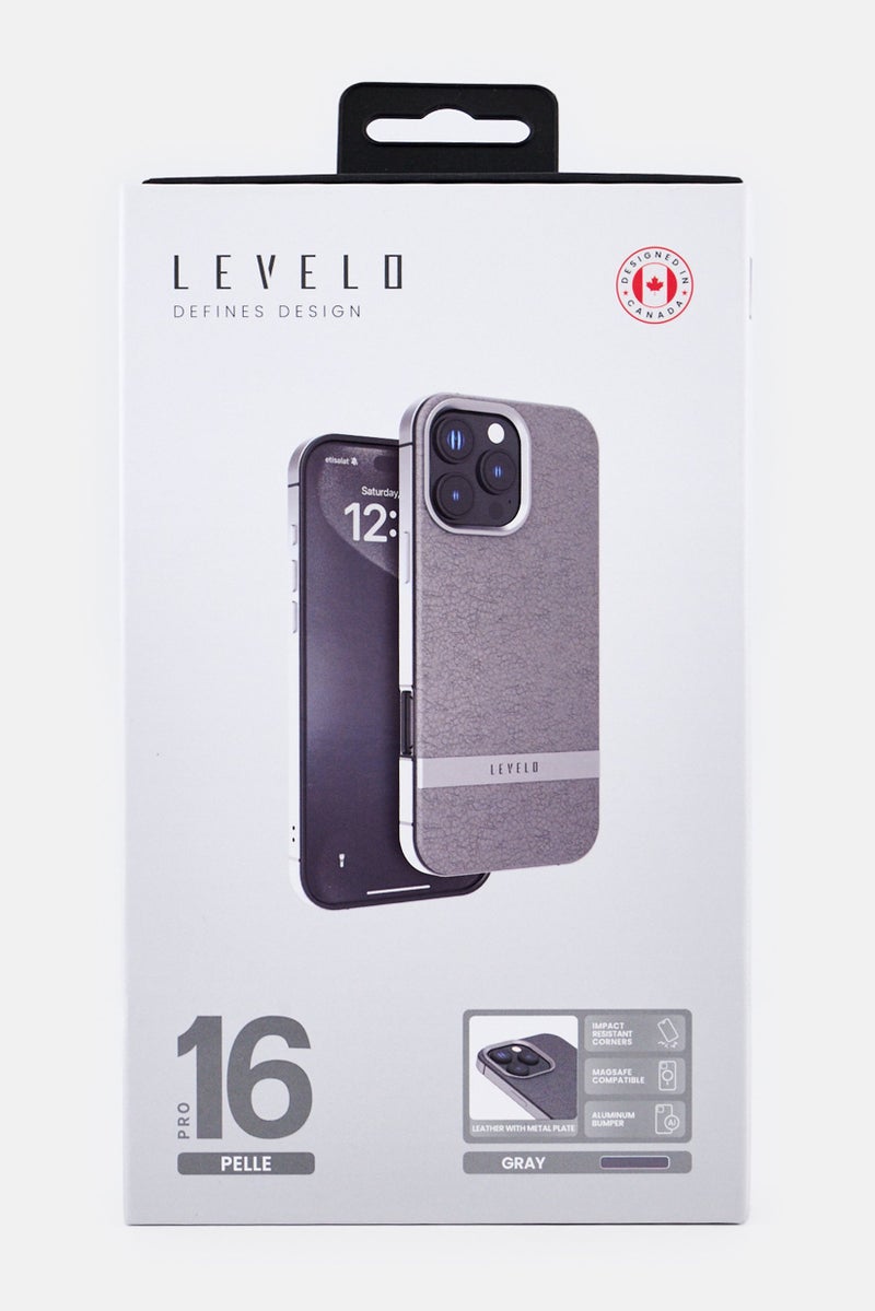 LEVELO iPhone 16 Pro Pelle Leather Protective Case, Grey - Image 2