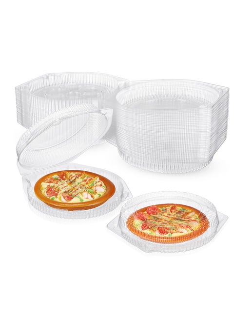 100 Pcs 6.7" Plastic Disposable Pie Containers with Hinged Locking Lids, Clamshell Flan Cake Container for Food Transport