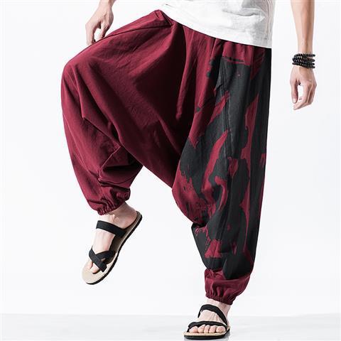 Hip-Hop Crotch Pants Mens Cotton and Linen Special Fat Low Crotch Pants Loose Crotch Ankle-Length Pants Japanese-Series Baggy Pants Plus Large Size Red - Image 1