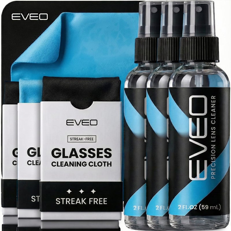 EVEO Eyeglass Cleaner Spray No Streaks Technology with Microfiber Cleaning Cloth Glasses Cleaning Kit Glasses Cleaner Spray with Lens Cleaner Cloth Screen Eye Glasses Kit 3 Pack