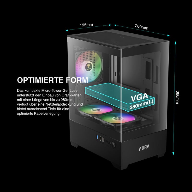GAMDIAS صندوق كمبيوتر GAMDIAS Micro-ATX مع زجاج مقسى، صندوق ألعاب M-ATX مع 3 مراوح ARGB بحجم 120 مم، يدعم حتى 5 مراوح لتدفق الهواء، 240 مم AIO/مبرد، 280 مم GPU/VGA، 155 مم مبرد CPU، 150 مم PSU - Image 5