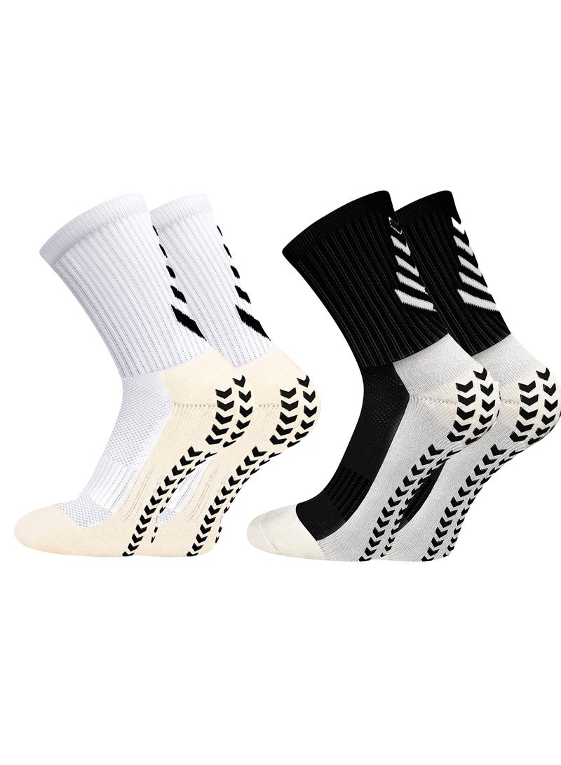 KASTWAVE 2 Pairs of Men's Non Slip Soccer Socks, Running Socks Sports Socks for Soccer Basketball Towel Bottom Sports Grip Socks Mid-calf Socks (Black, White)  - Image 1