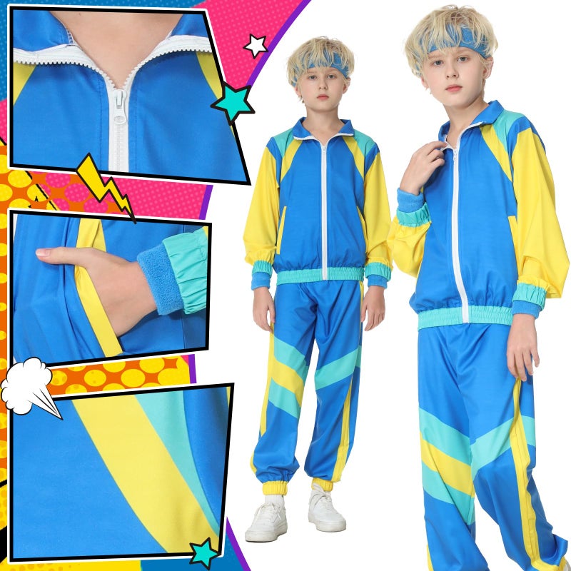 TIMSOPHIA 80s Tracksuit for Kids, 90s Outfits Boys Girls 6PCS Hip Hop Dance Costume, Colorblock Jacket for Retro Theme Party (Blue, 9-10 years) - Image 2