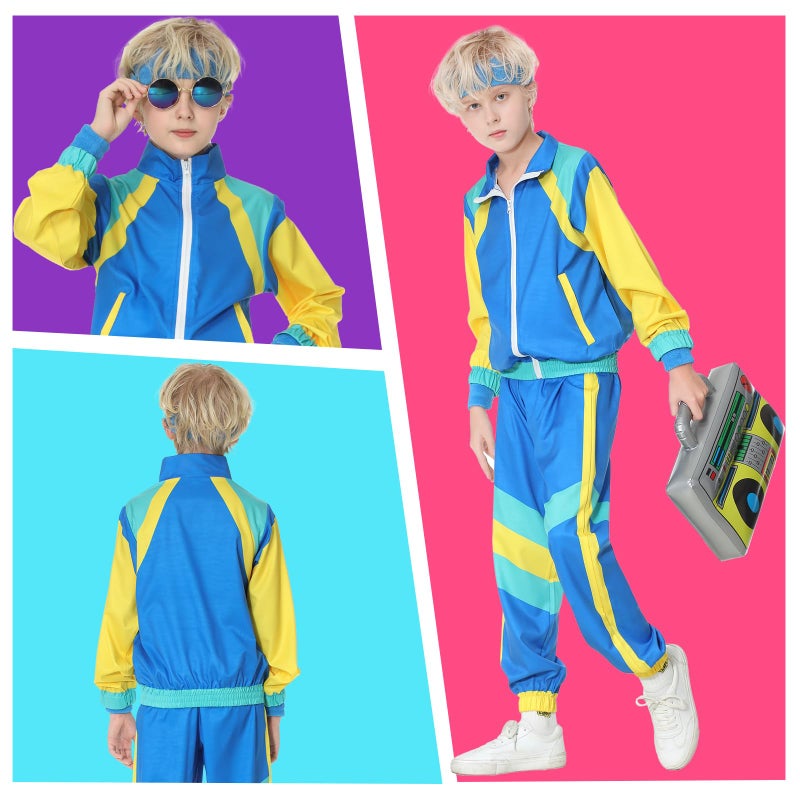 TIMSOPHIA 80s Tracksuit for Kids, 90s Outfits Boys Girls 6PCS Hip Hop Dance Costume, Colorblock Jacket for Retro Theme Party (Blue, 9-10 years) - Image 5