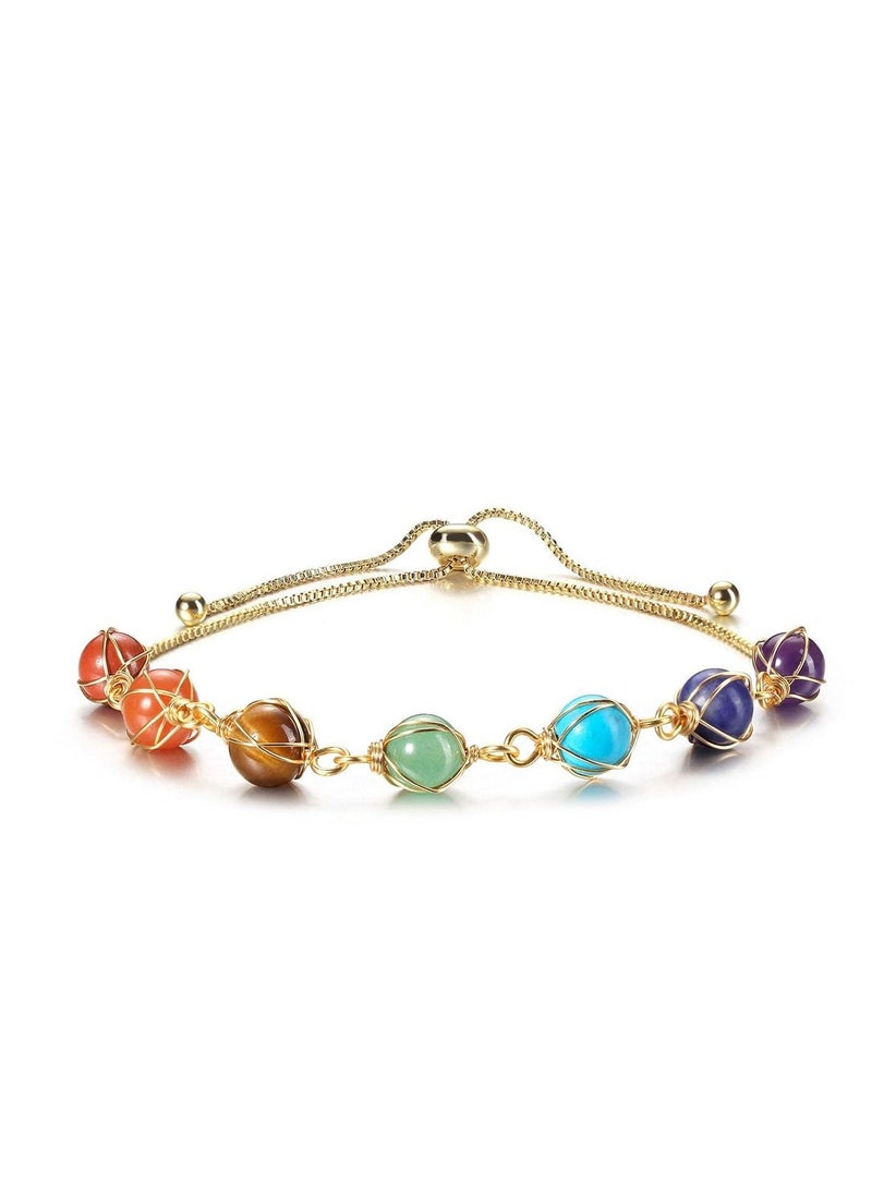 Chakra Bracelets for Women, 8mm Yoga Beaded Bracelets for Boys Girls, Mens Adjustable 7 Chakras Crystals and Healing Stones Bracelets, 14K Gold Wire Wrapped - Image 1