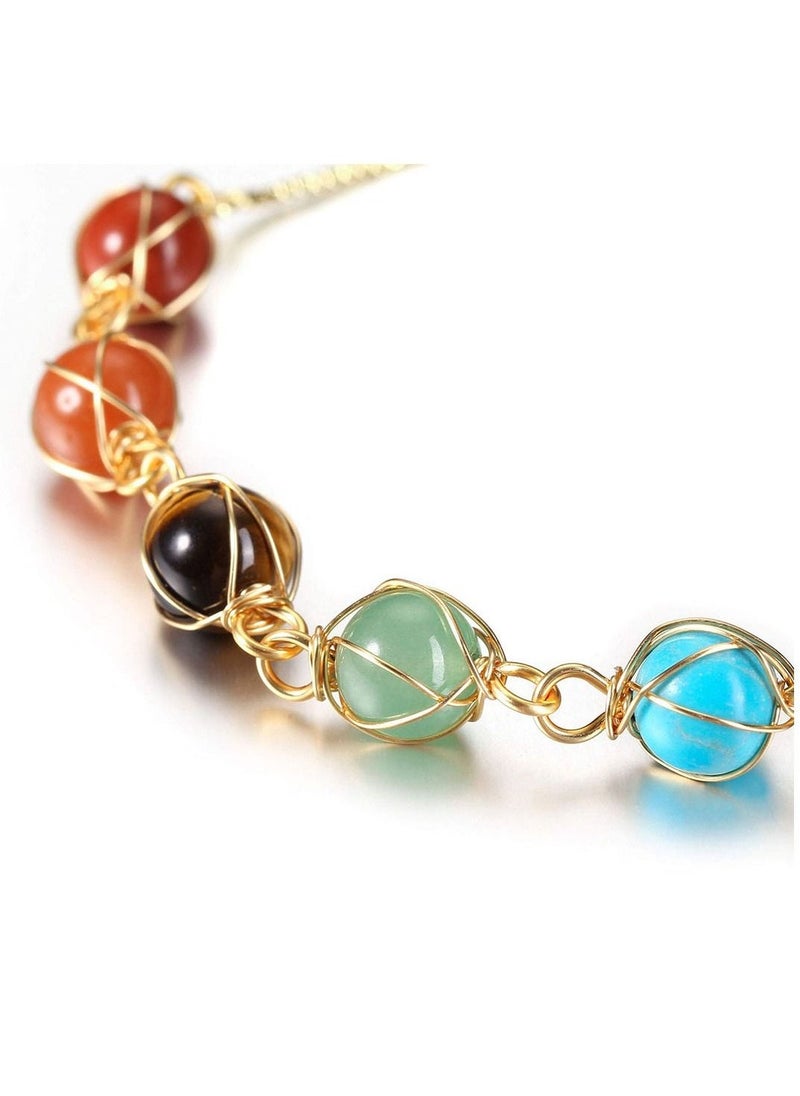 Chakra Bracelets for Women, 8mm Yoga Beaded Bracelets for Boys Girls, Mens Adjustable 7 Chakras Crystals and Healing Stones Bracelets, 14K Gold Wire Wrapped - Image 3