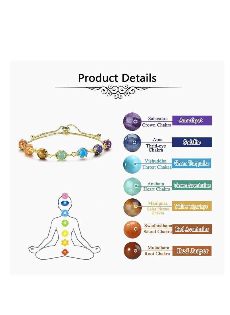 Chakra Bracelets for Women, 8mm Yoga Beaded Bracelets for Boys Girls, Mens Adjustable 7 Chakras Crystals and Healing Stones Bracelets, 14K Gold Wire Wrapped - Image 2