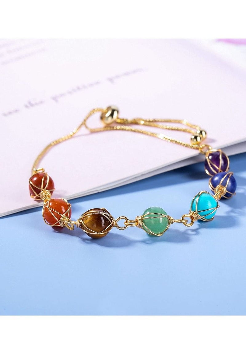 Chakra Bracelets for Women, 8mm Yoga Beaded Bracelets for Boys Girls, Mens Adjustable 7 Chakras Crystals and Healing Stones Bracelets, 14K Gold Wire Wrapped - Image 5
