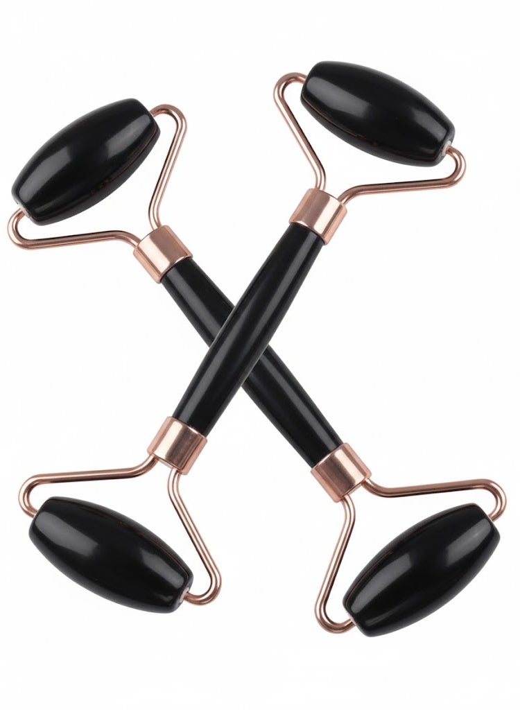 Natural stone face and neck roller – to stimulate collagen, promote skin radiance, and combat aging – 2 pieces – Black - Image 1