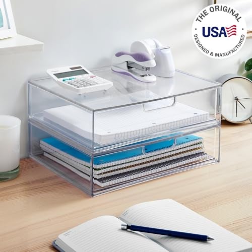 STORi STAX Plastic Stackable Organizer Drawers (Set of 2) Clear | 12.5" Wide | Set Includes Two Open Drawer | Organize Office Desk Accessories & Sort Paper | Made in USA - Image 2
