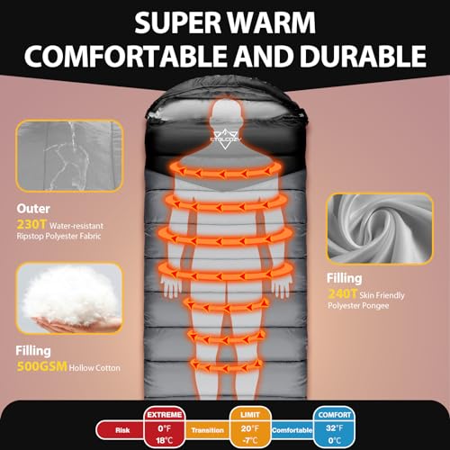 ETGLCOZY Cold Weather Sleeping Bag for Adults, 30-50°F Comfort, Draft Collar & Zipper Tube, Waterproof, Bottom Vent, Compression Sack, Lightweight Camping Hiking Backpacking Gear, Black/Grey - Image 5