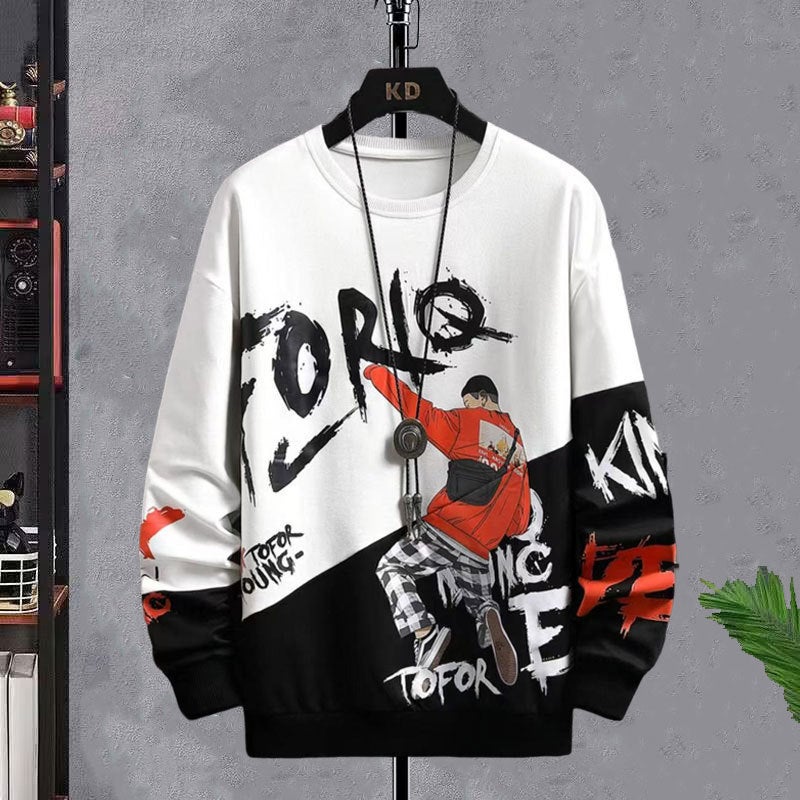 Students Casual All-match Loose Long-sleeve Base Shirt Top Sports Jacket New Mens Pullover Sweater Spring and Autumn Red-y09 white