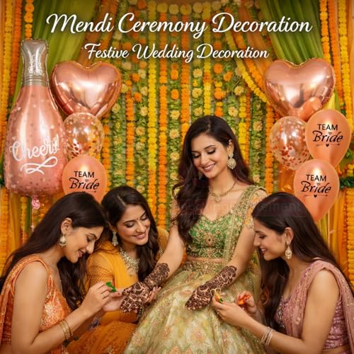 Propsicle 36 Inch Rose Gold Cheers Champagne Foil Balloon with Team Bride, Confetti & Heart Foil Balloons - Bachelorette Party, Bride To Be, Haldi Mehendi Shaadi Decoration Set – Pack of 7 - Image 5
