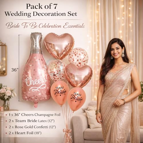 Propsicle 36 Inch Rose Gold Cheers Champagne Foil Balloon with Team Bride, Confetti & Heart Foil Balloons - Bachelorette Party, Bride To Be, Haldi Mehendi Shaadi Decoration Set – Pack of 7 - Image 2